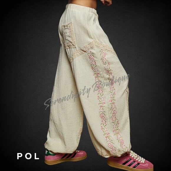 POL Breezy Delicate Lace Embroidered Cotton  Double Gauze Wide Leg Pants - Picture 3 of 9